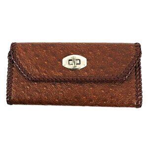 Vintage Cognac Pebbled Ostrich Leather Clutch Wallet Braided Edges Silver Turnlo